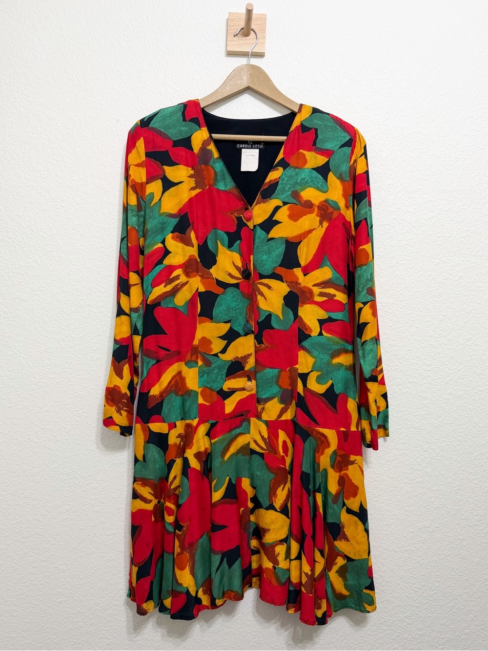 Vintage Artsy Floral Print Drop Waist Long Sleeve Dress